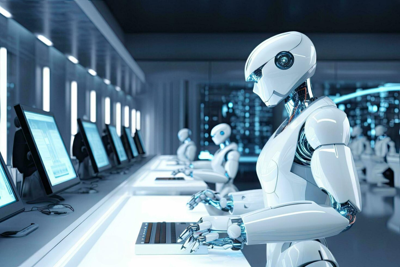 AI robots working at computer monitors in a data center