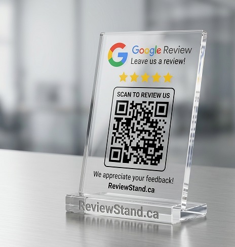 A ReviewStand.ca acrylic review stand with QR code