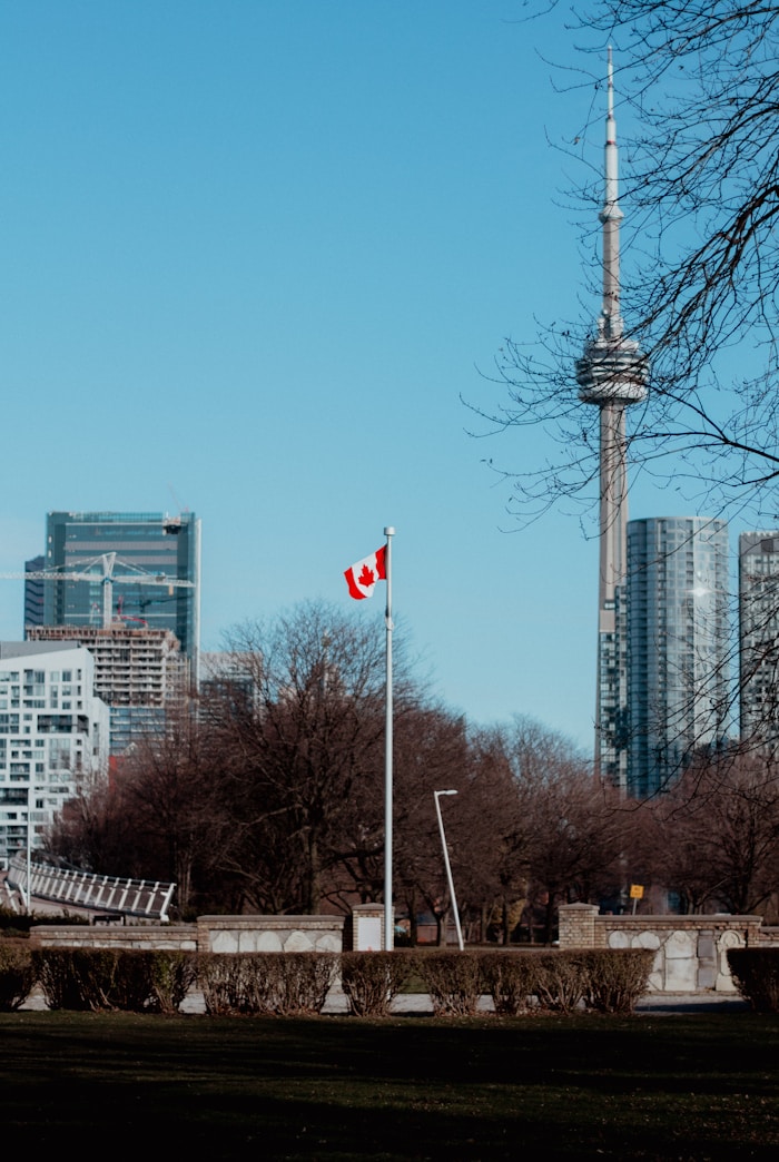 A Canadian flag against the Toronto skyline